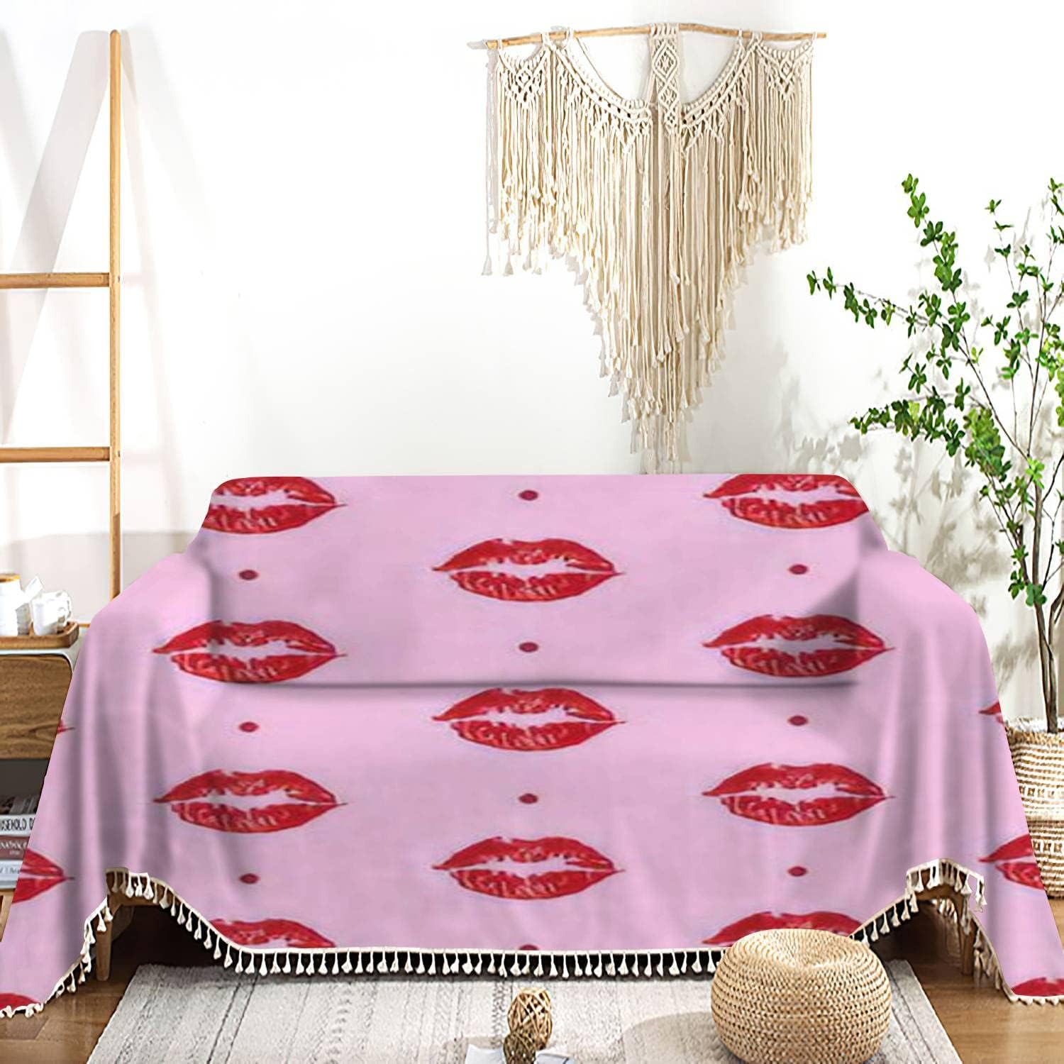Sofa Cover red Lips on The Light Pink Cover Sofa Slipcovers Towel Washable Couch Cover Throws Blankets Furniture Protector for Pets Living Room Bedroom