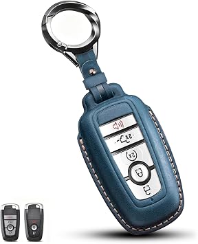 QBUC for Ford Key Fob Cover Leather Key Case Holder Fit for Ford Bronco F150 Explorer Fusion Escape Edge Expedition F250 F350 F450 F550 Mustang with Keychain 3/4/5 Buttons Car AccessoriesBlue