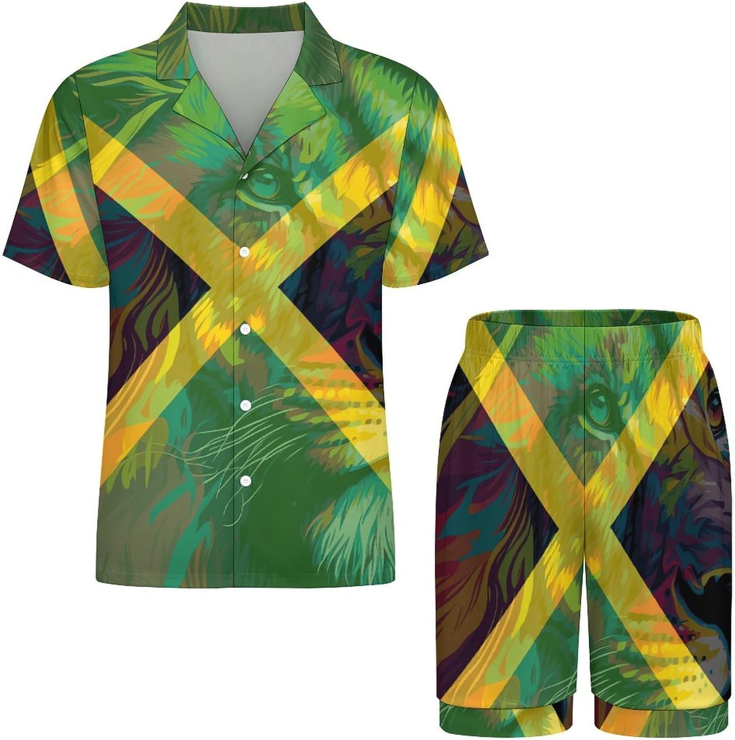 Jamaica Flag Jamaican Lion Men's Short Sleeve Pajama Set Satin Silk Like Lounge Sleepwear