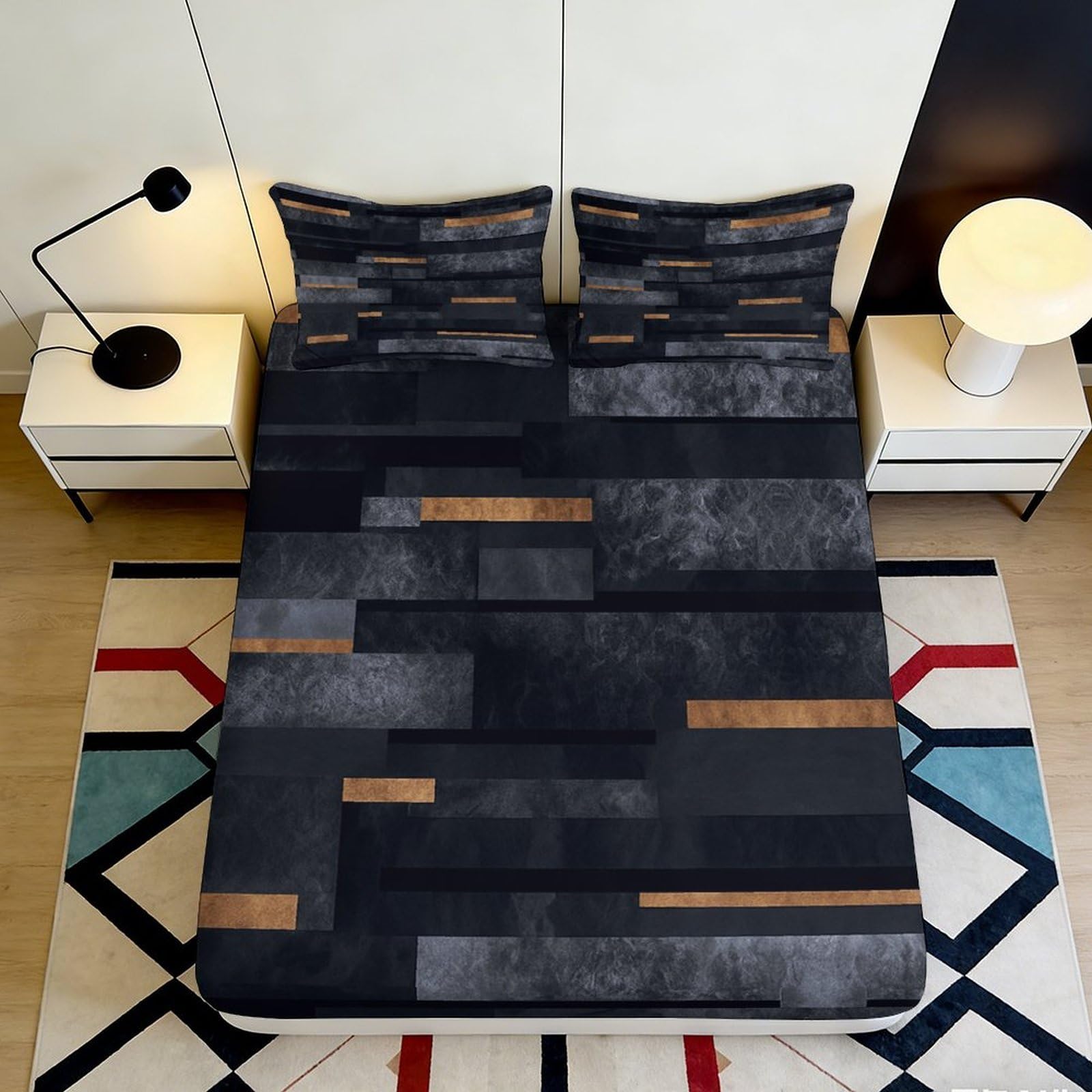 3D Printed Geometric Abstract Fitted Sheet Microfiber Modern Block Pattern Mattress Cover Bedroom Decor 120x200cm 180x200x25cm