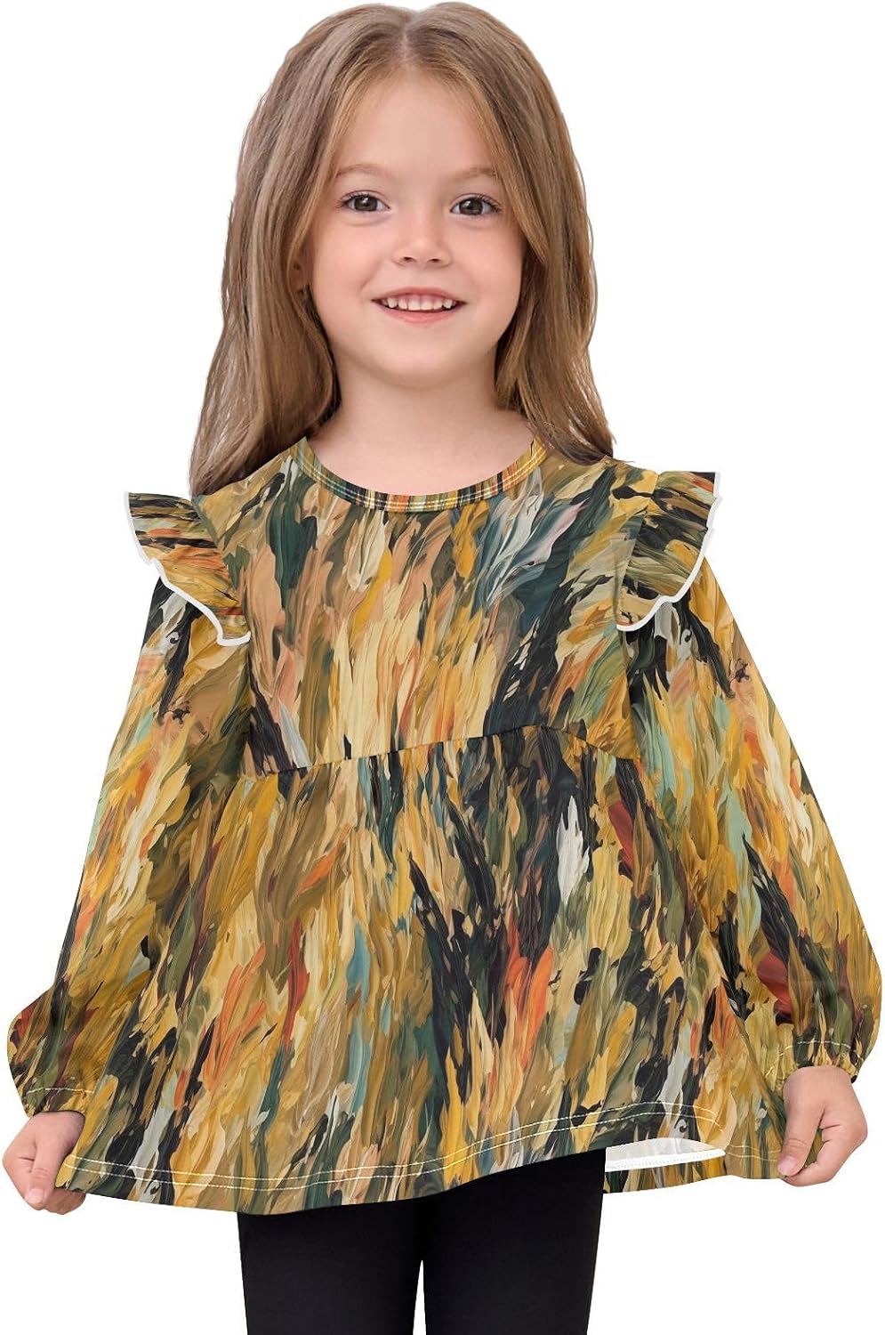 visesunny Toddler Clothes for Girls Dirty Color Artistry Long Sleeve Fall Shirts Cotton Top with Ruffle Collar