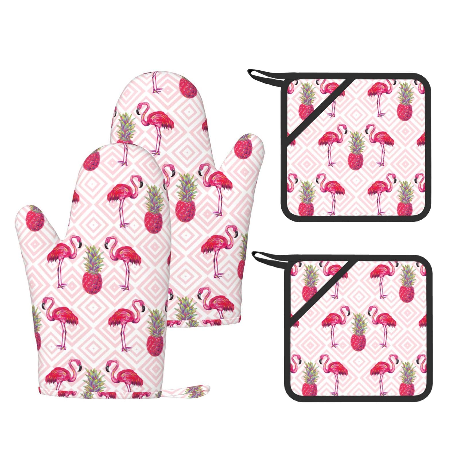 Pink Flamingo Pineapple Printed Cooking Mitts and Pot Holders 4 Pcs, Heat Resistant Oven Gloves with Hanging Loop Chef