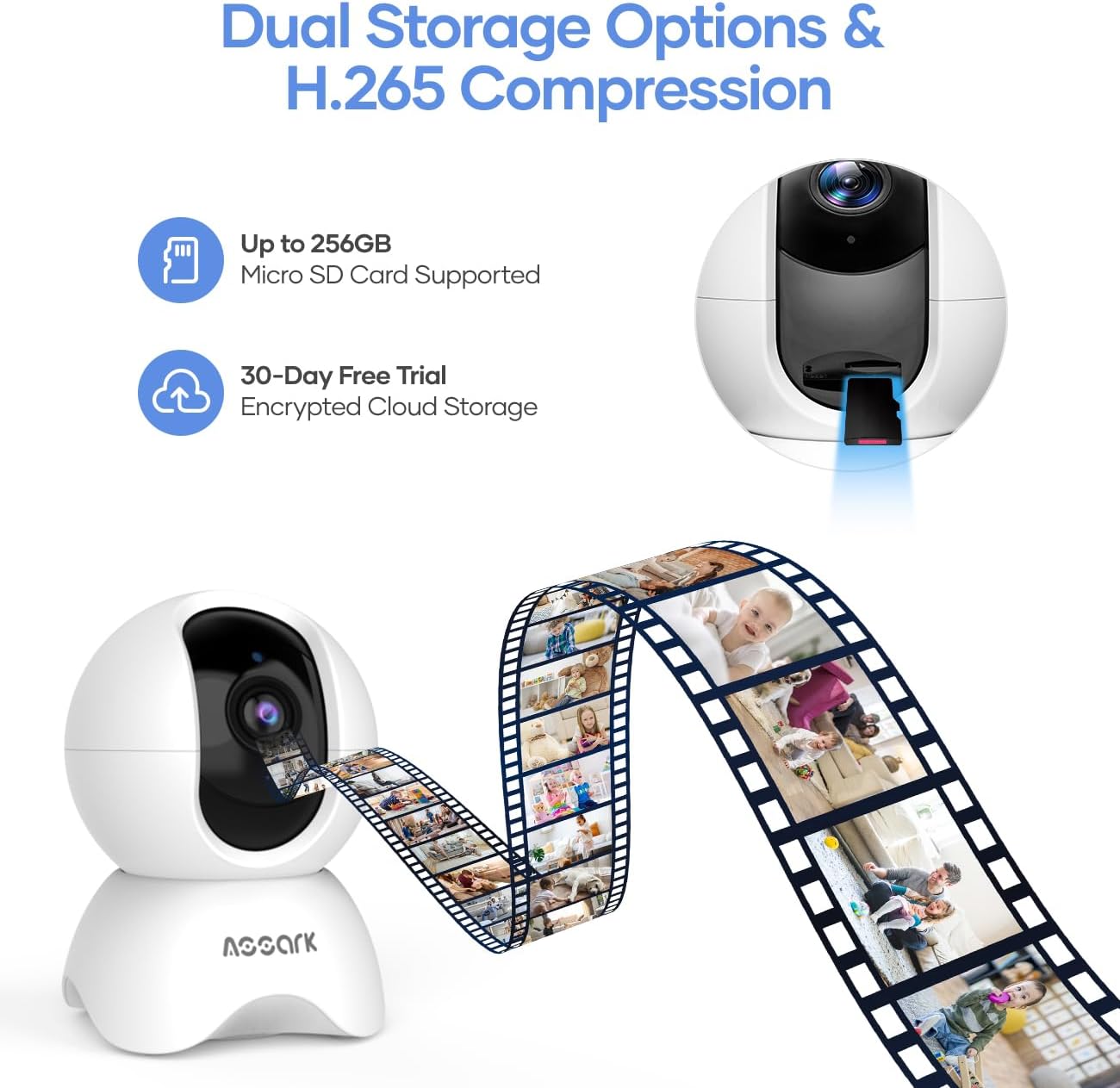 Assark camera illustrating dual storage options: Micro SD card and cloud storage.