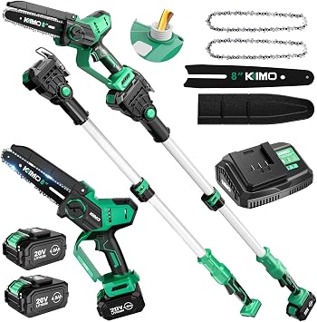 KIMO 2-IN-1 Electric Pole Saws for Tree Trimming, 8" Chainsaw Tree Cutter | 34ft/s Speed, Telescopic Pole Max Reach 16 Ft, 800W Brushless Motor, 6000RPM, 24.0Ah Batteries, Fast Charger, Gift for Men