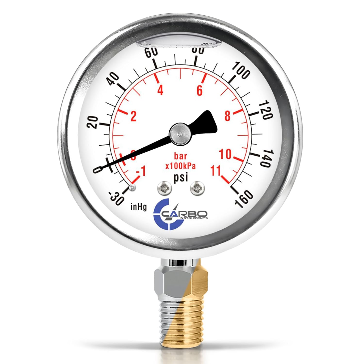 Compound Pressure Gauge -30 inHg to 160 PSI, Liquid Filled, 2.5" Dial, 1/4 NPT Lower Mount, 304 Stainless Steel Case, Brass Wetted Parts, PSI/inHg - ASME B40.1 Grade A