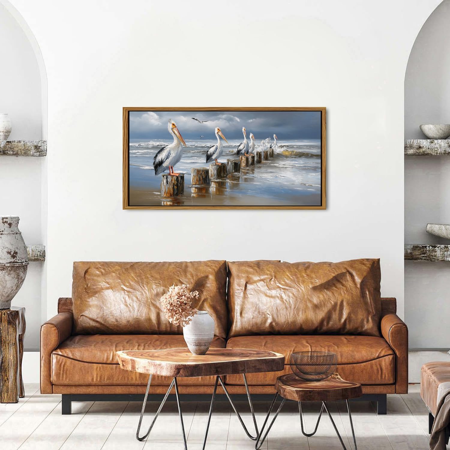Beach Wall Art Pelican Birds Pictures Wall Decor Ocean Theme Canvas Painting Coastal Landscape Poster for Bathroom Nautical Seascape Prints Pictures Vintage Artwork Living Room Home Decorations 20x40"
