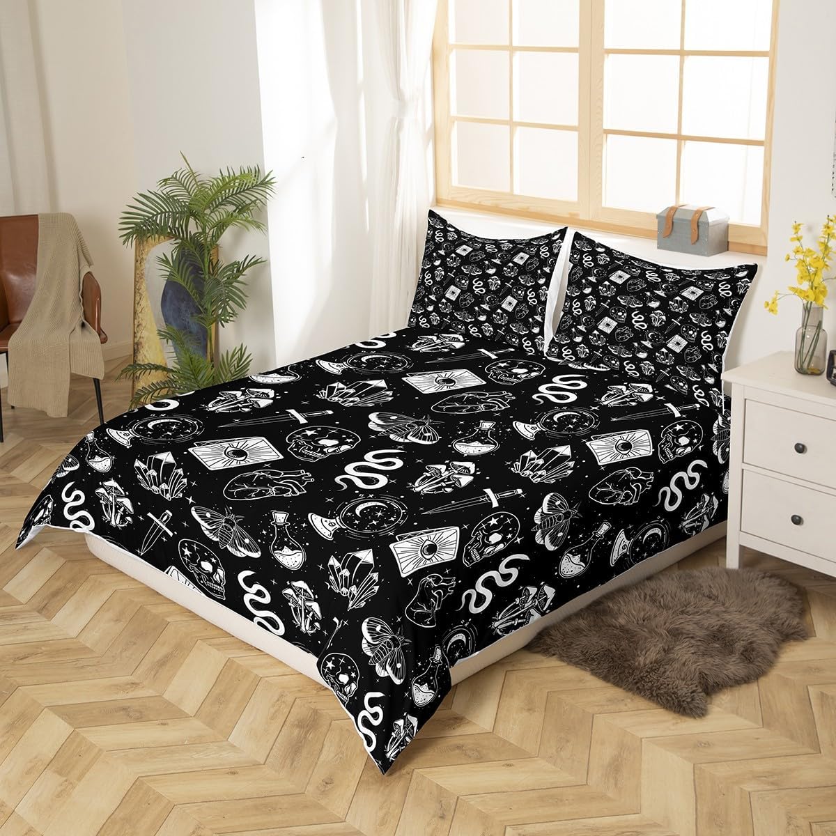 Gothic Skull Bedding Set King Size for Woman Men,Skull Skeleton Hippie Mushroom Plant Comforter Cover with 2 Pillowcases,Moth Stars Shiny Galaxy Halloween Duvet Cover Set Microfiber Quilt Cover