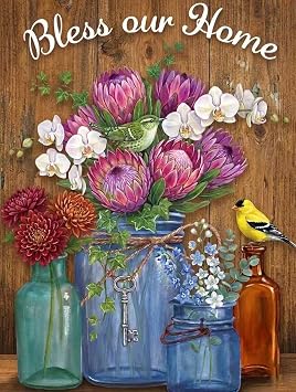 Zanconic Flowers Jars Diamond Painting Kits for Adults, Bless Our Homw Diamond Art Kits Full Drill Round Beads 5D DIY Gem Art Craft Paint with Number Home Wall Decor 30x40cm