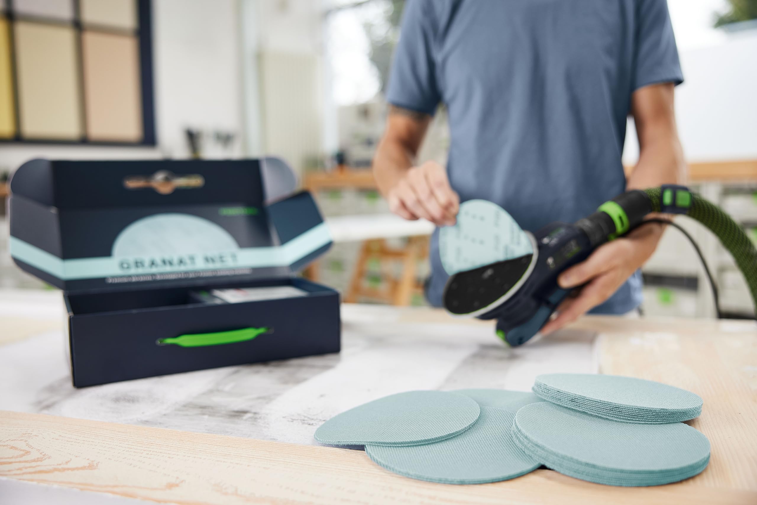 Festool Granat Net D150 GR Netzschleifmittel Set für Exzenterschleifer | Effizientes Schleifgitter-Sortiment mit Protection Pad für 150mm Schleifteller, hohe Absaugung & Materialabtrag
