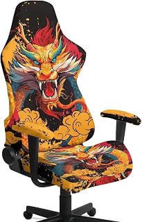 Dragon 4-Piece Office Chair Slipcover, Polyester Stretchable Gaming Chair Protector, Washable with Armrest Covers for Rotating Reclining Chairs