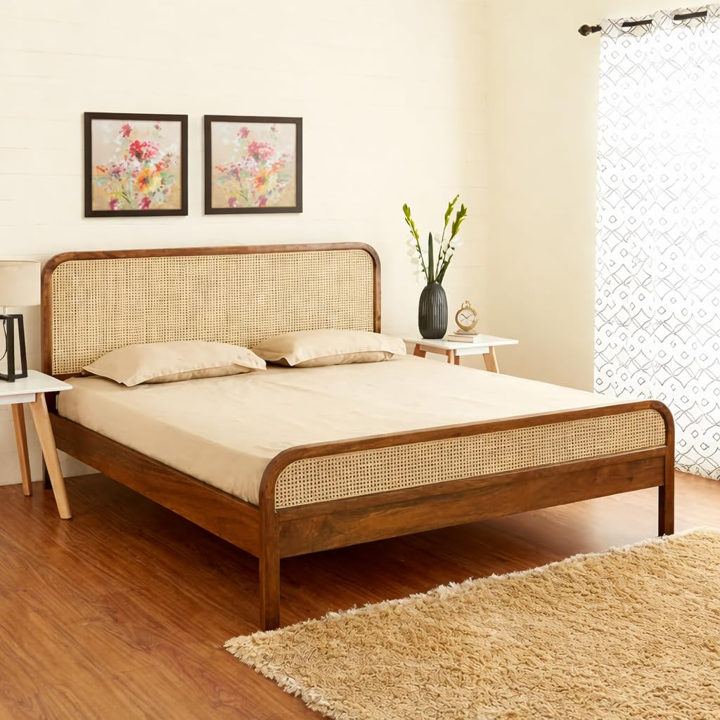 SMAART CRAAFTS Rattan Queen Size Bed for Bedroom | Mango Wood Cane Queen Size Cot | Non Storage, Honey Finish | Mattress Size: 60 x 78 Inches | Bed for Hotel Furniture | Assembly- DIY