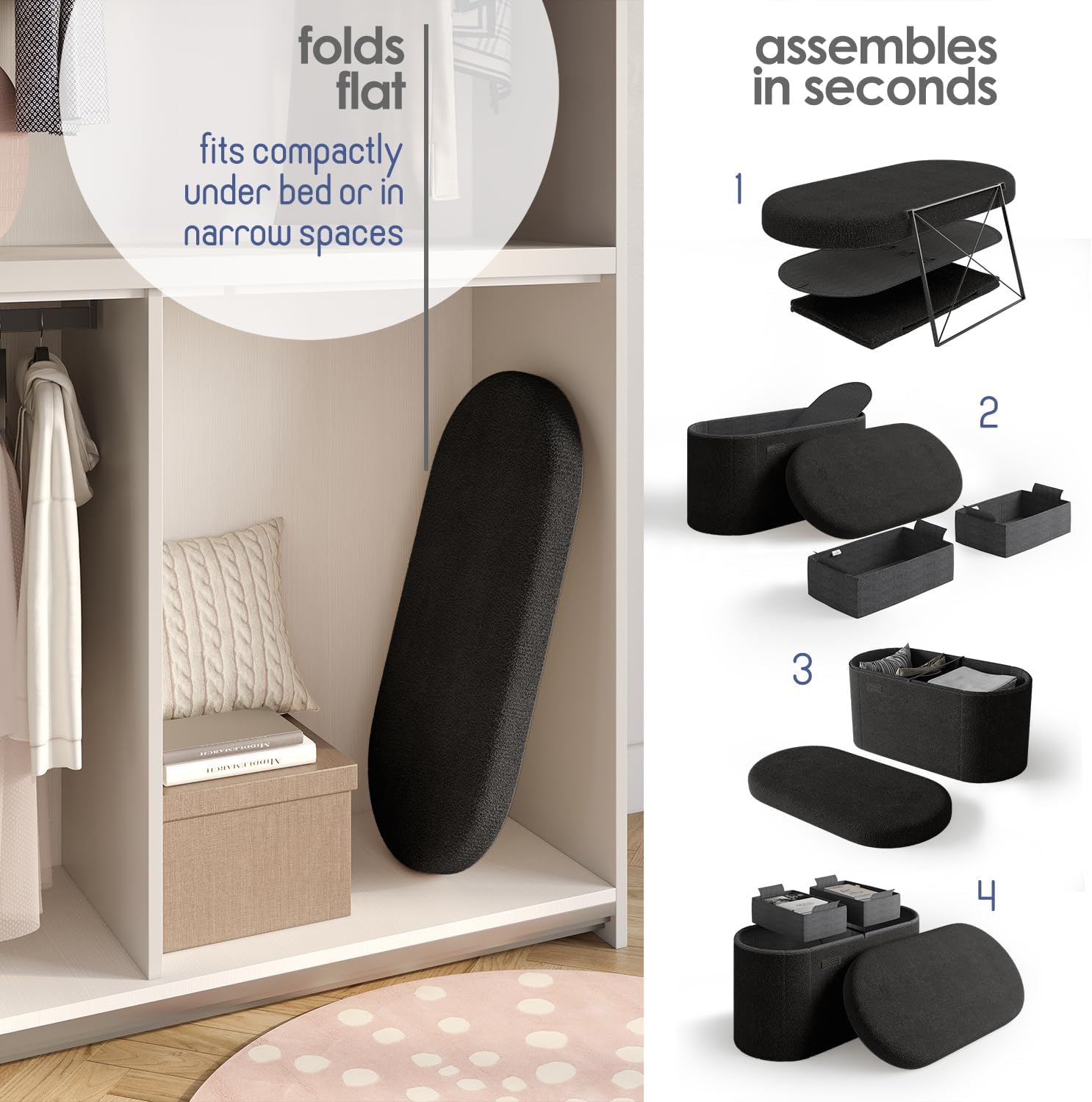 StorageBud Storage Ottoman Bench, 30 Inch Storage Bench for Bedroom End of Bed, Foldable Large Ottoman Foot Rest, Entryway Bench with Storage, Boucle Oval Storage Chest Max 660lbs, Black