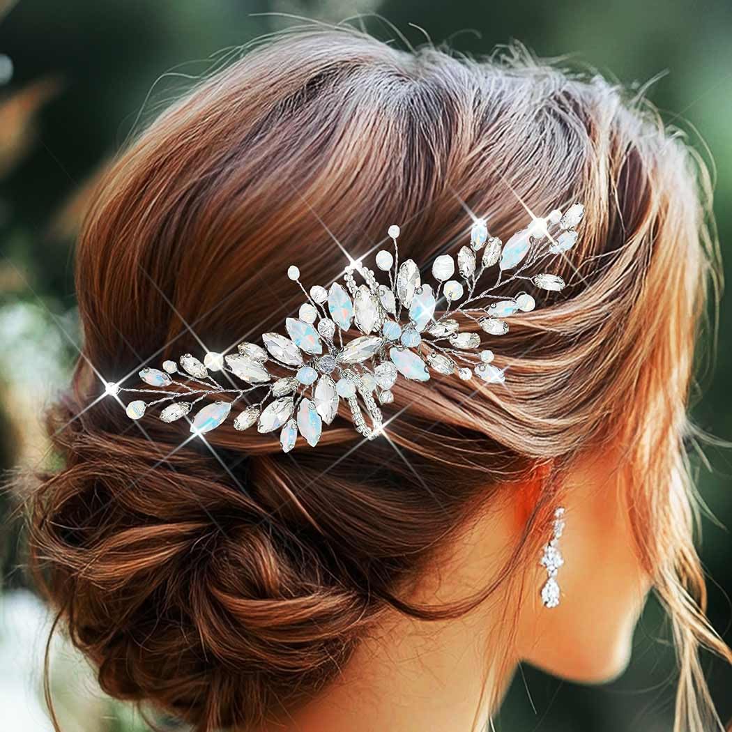 Atigy Crystal Wedding Hair Comb Opal Bridal Hair Pieces Rhinestone Hair Accessories for Women (Silver)