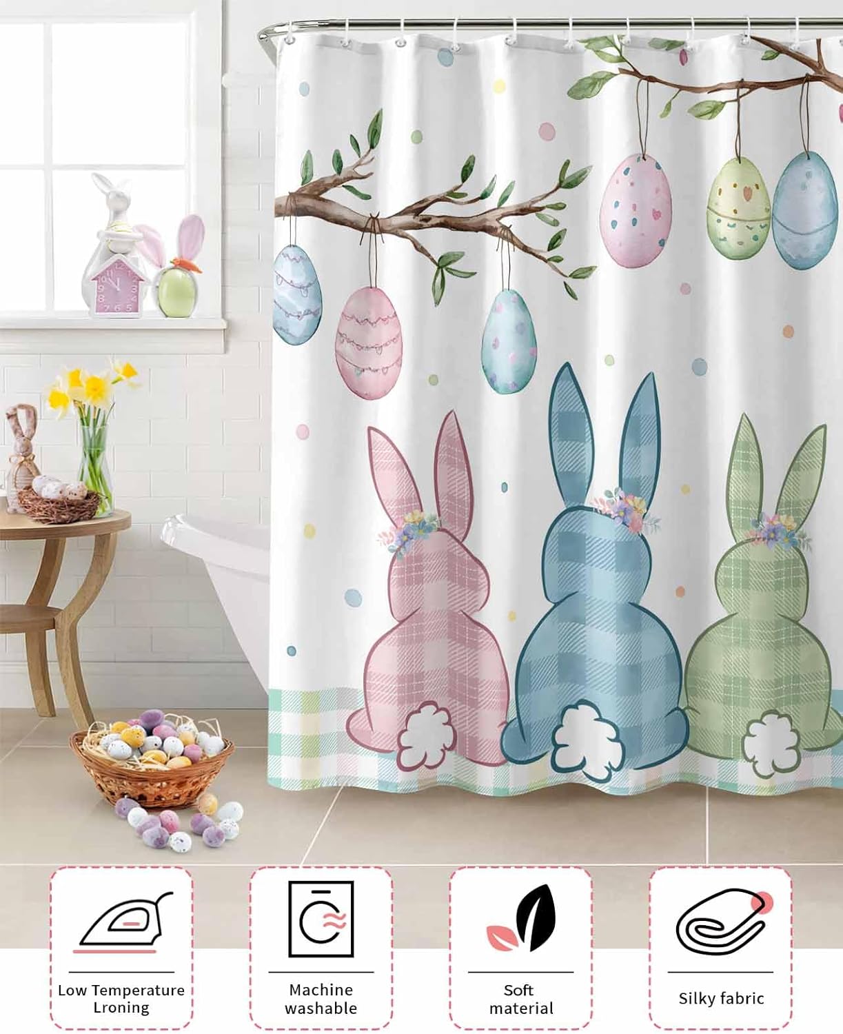 Easter Bunny Tail Fabric Shower Curtain, Colorful Eggs Plaid Funny Shower Curtains for Bathroom Set with Hooks, Washable Bathroom Curtains Accessories Waterproof Bath Curtains Decor 48x72 inch