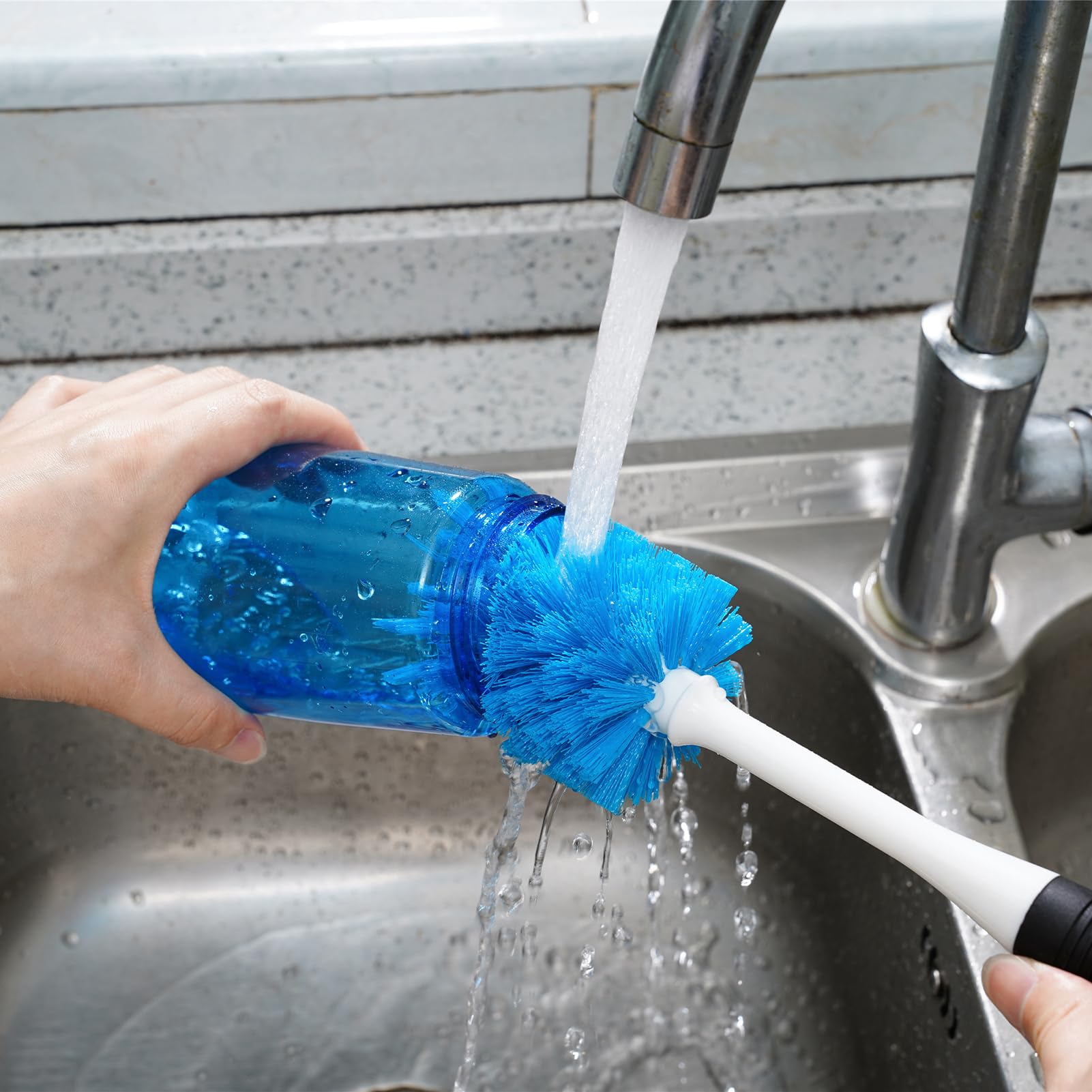 MOSOLAN Juego de 3 cepillos para platos con cepillo para botellas, cepillo para fregar platos, cabeza plana | Mango largo antideslizante para limpieza, estropajo, lavavajillas, platos, botellas, pajitas, tazas, ollas y fregadero