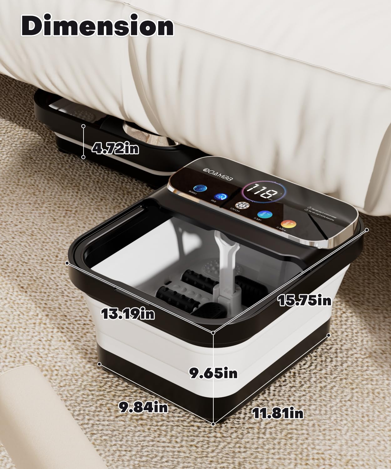 OOAMBB Zusammenklappbare Fuß-Spa-Badewanne mit Fernbedienung, Wärme- und Blasen- und Timer, Schwarz | XL Farb-Touchscreen, 6 nicht motorisierte Rollen, 4 Shiatsu-Massagen, Fuß-Einweichwanne, Pediküre-Fuß-Spa für Stressabbau
