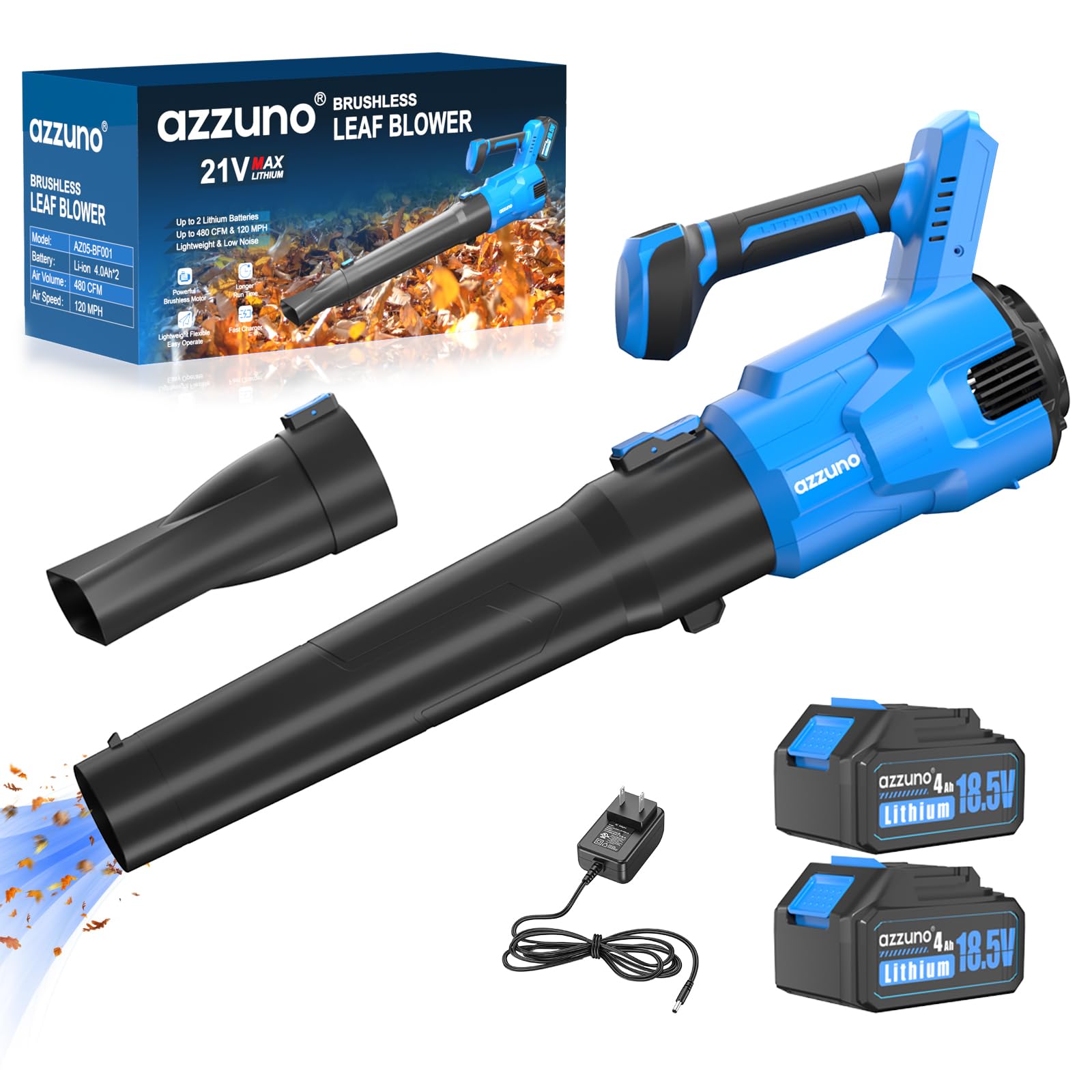 Soplador de hojas inalámbrico sin escobillas, soplador eléctrico de 3 velocidades y 580 CFM con 2 baterías de 4.0 Ah y cargador, para el cuidado del césped, patios, hojas y polvo