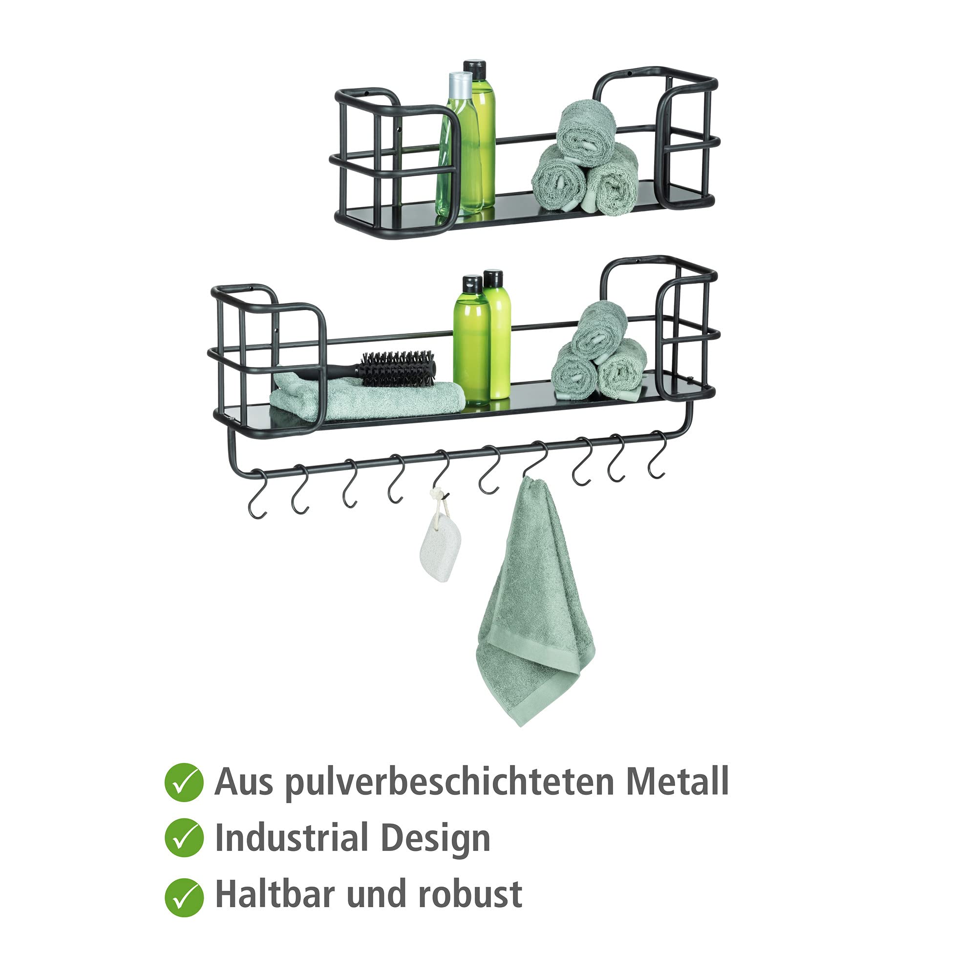 WENKO Industrial Wandregal-Set (2-teilig) – Metall/MDF, Schwarz, Mit Hakenleiste, Für Bad, Küche & Wohnzimmer