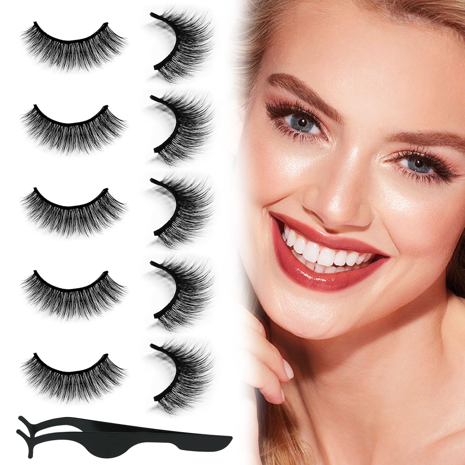 Self Adhesive Eyelashes Natural Look False Eyelashes Reusable Self Stick Lashes No Glue Needed 5 Pairs Waterproof Lashes Mixed (Black)