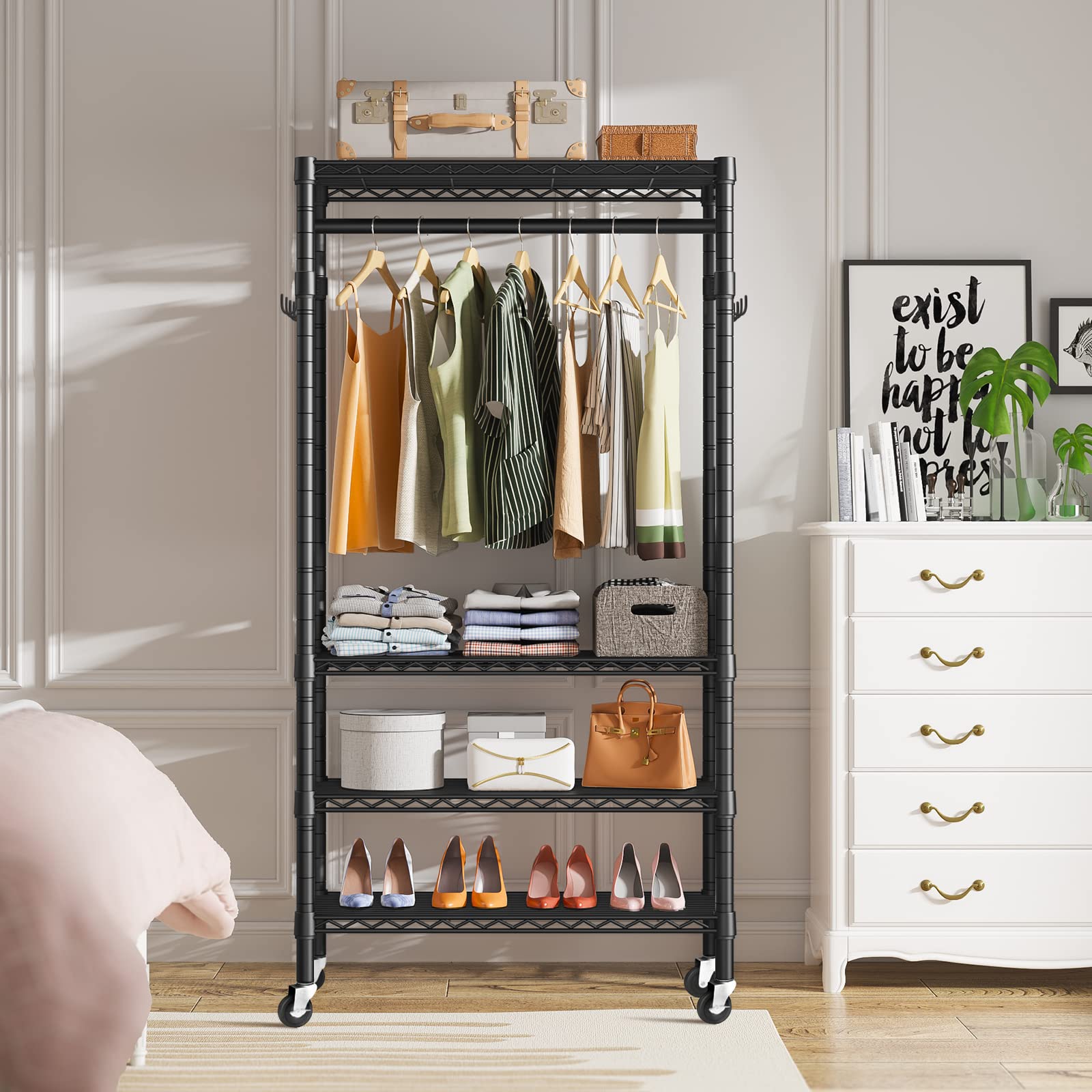 Armario Abierto para Ropa de 4 Baldas, Perchero de Pie | para Dormitorio o Vestidor, Negro, 187 × 90 × 45 cm