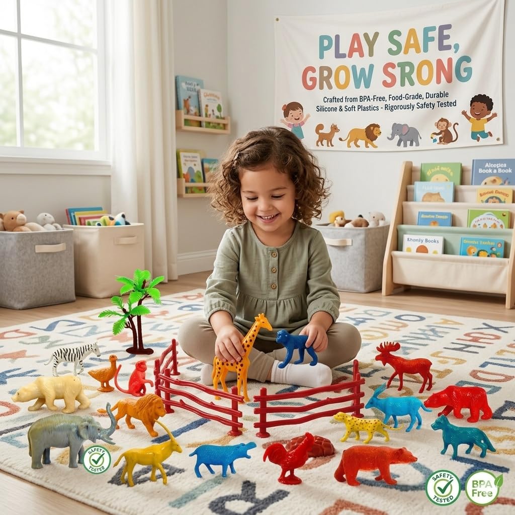 Mallexo 58PC Realistic Animal Toys for Kids with Tiger,Lion, Elephant & More Forest Animal for Boys & Girls Safari Jungle Animal Figures Set Forest Farm Animal for Boys and Girls (58pcs)