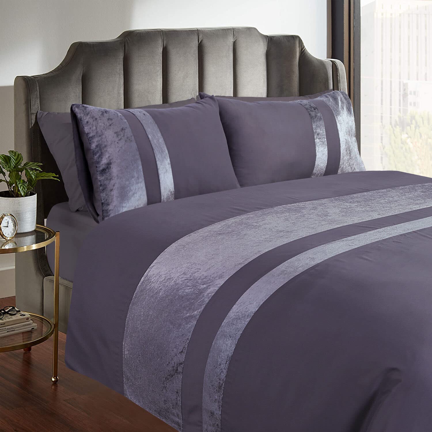 Casabella Grey Luxury Crushed Velvet Panel Band Duvet Cover Sets With Pillow Case Double Duvet Cover Bedding Set – Crush Velvet Double Duvet Cover Sets