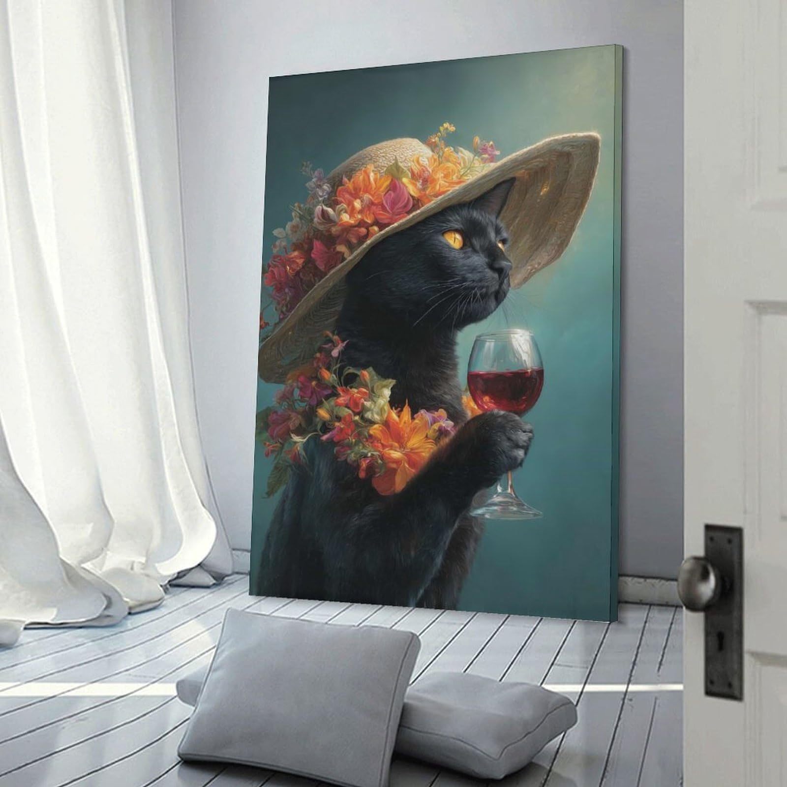 Junmoney Elegant Black Cat with Wine Wall Picture Print 24x36inch(60x90cm), for Corridors, Hallways Or Apartment Entries, Wall Decor to Refresh Empty Corners