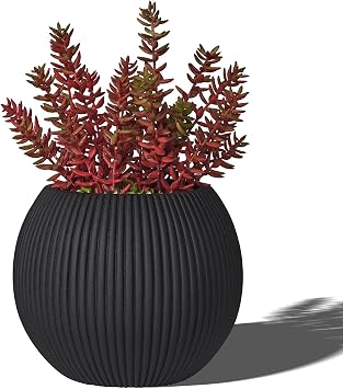 16 Inch Handmade Concrete Outdoor Planter - Classic Striped Design | Fiberglass & Composite Material | Durable for Commercial & Home Decor Black, Spherical