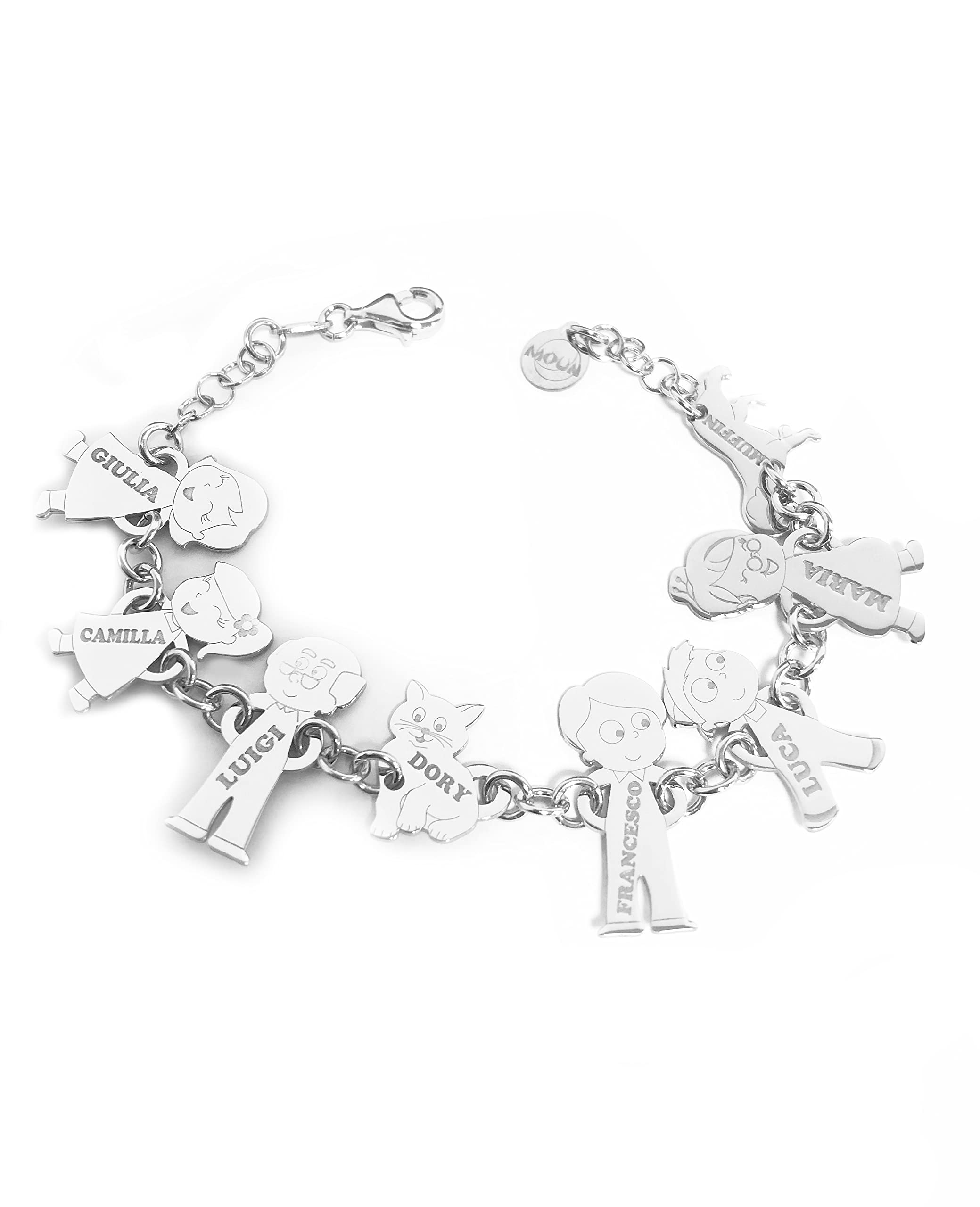Bracciale personalizzato con 8 componenti della tua Famiglia con incisione nomi gratuita, in argento 925 rodiato.