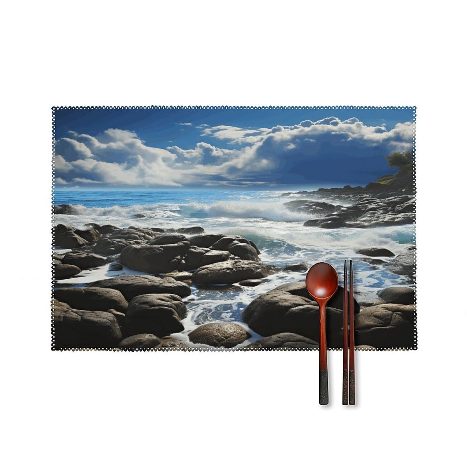 Ocean Pouring Over Coastal Rocks Placemats Set of 6 Heat Resistant Non-Slip Table Mats Washable Indoor Outdoor Place Mats Rustic Vintage Seasonal Placemat for Kitchen Dining Outdoor Party Table Decor
