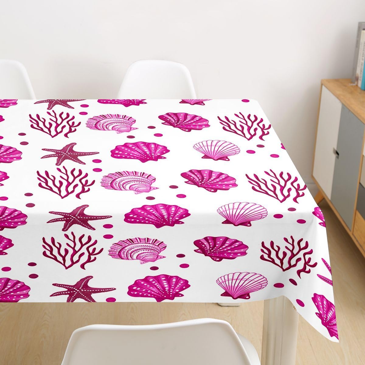 Manfei Shell Tablecloths,Starfish Coral Polka Dot Stripe Table Cover,Tropical Sea Ocean Nature Table Cloth,Deep Pink Table Accessories for Kitchen,Rectangle 55"x71" image 2