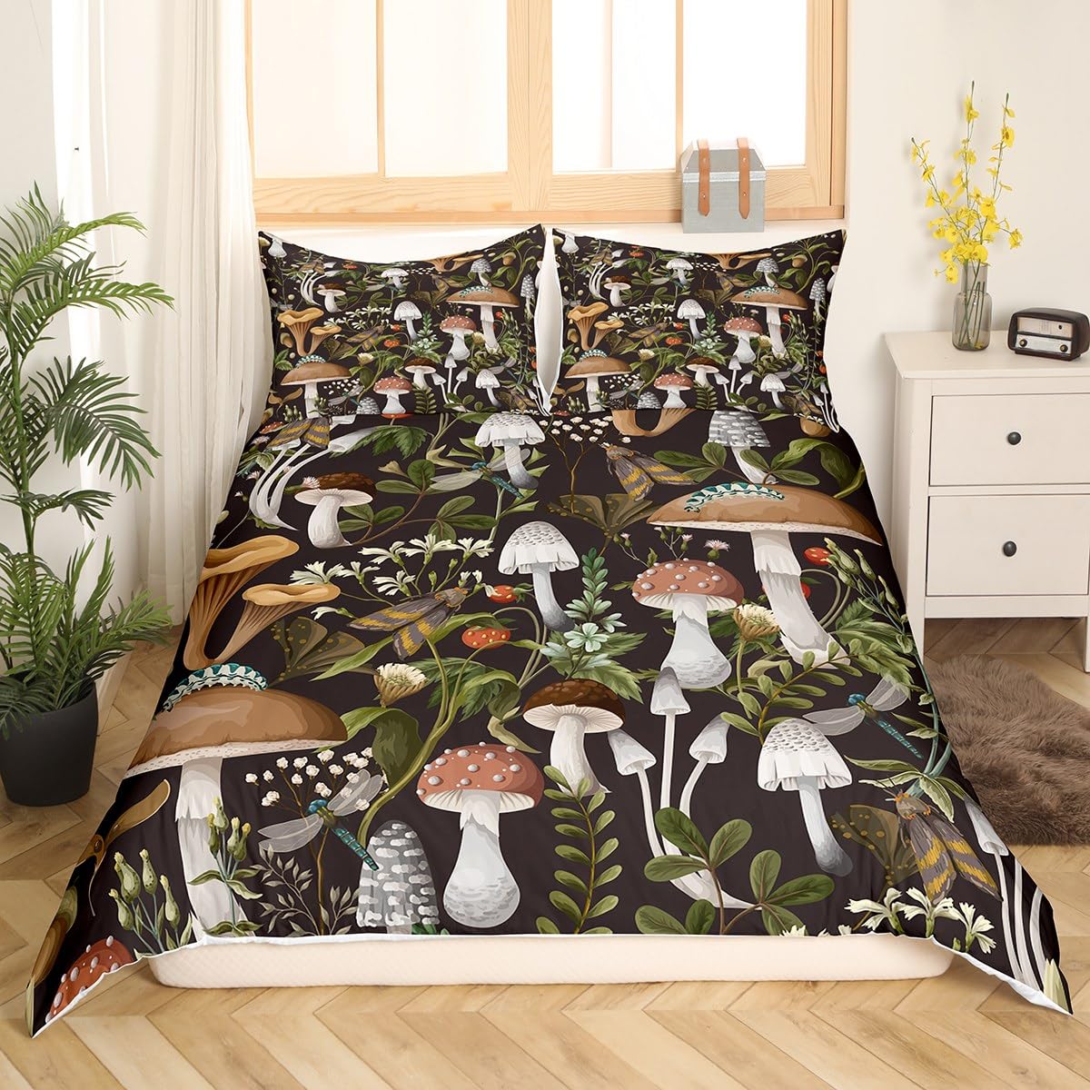 richhome Mushroom Duvet Cover Double Size 3 Pcs Watercolor Botanical Leaves Cute Strawberry Bedding Set for Kids Teens Adults Wild Dragonfly Rustic Jungle Style Comforter Cover with 2 Pillowcases - Image 3