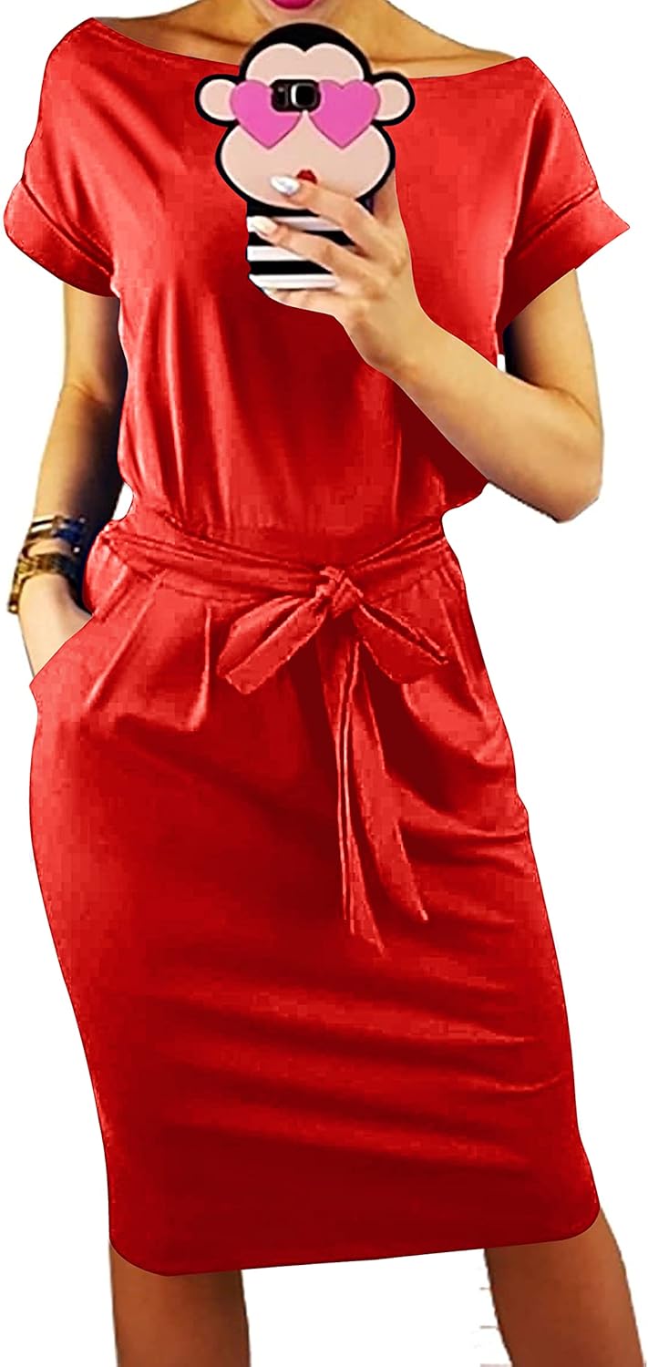 PRETTYGARDEN Women's Summer Short Sleeve Crewneck Striped Dress Basic Solid Tie Waist Office T Shirt Dresses Pockets