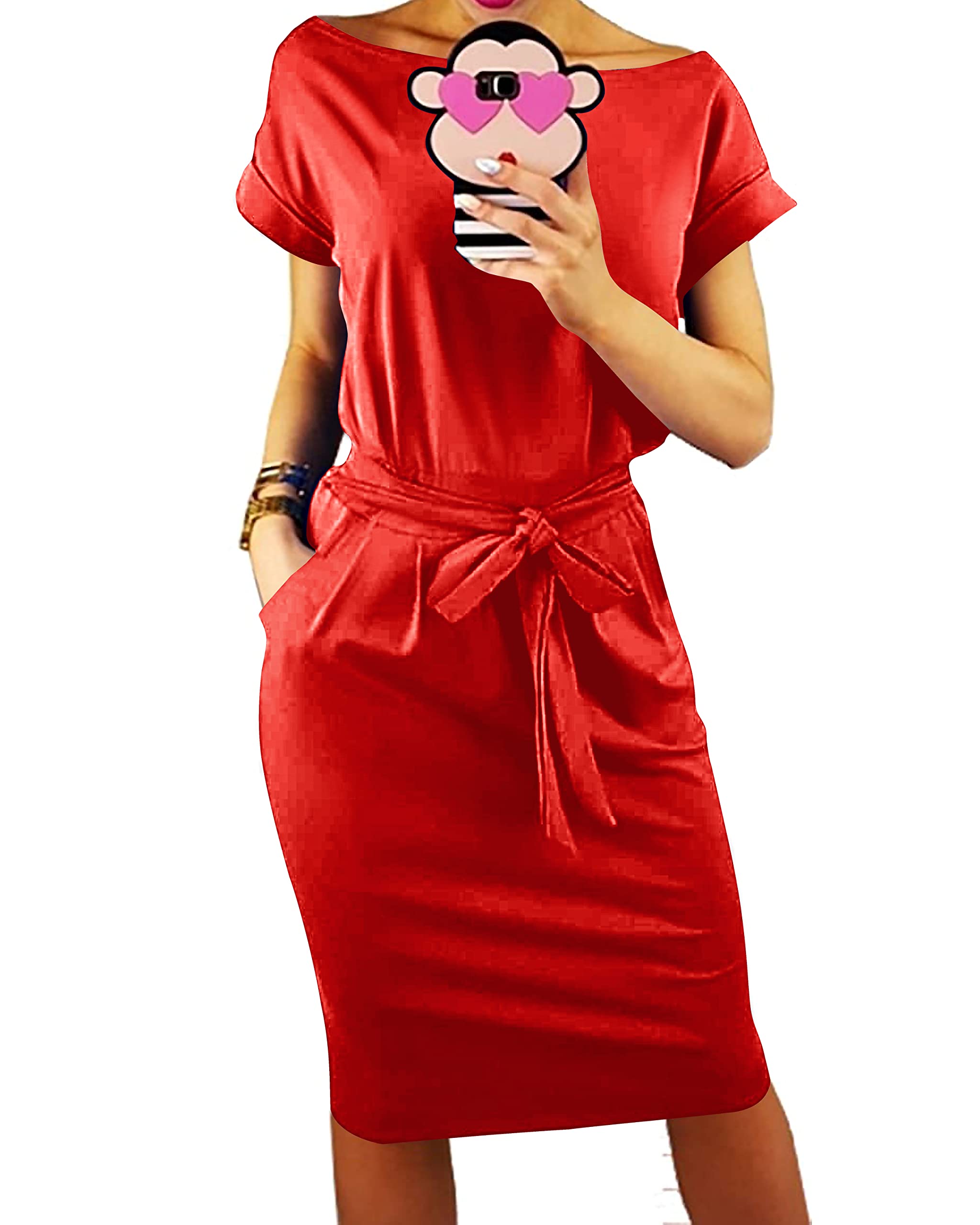 PRETTYGARDEN Women's Summer Short Sleeve Crewneck Striped Dress Basic Solid Tie Waist Office T Shirt Dresses Pockets