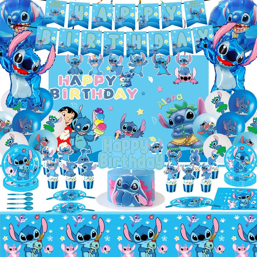 Stitch Birthday Party Decorations, Lilo Party Supplies Including Backdrop, Tablecloth, Birthday Banner, Hanging Swirls, Balloons, Cake Toppers, Plates, Forks and Napkins for Blue Stitch Party