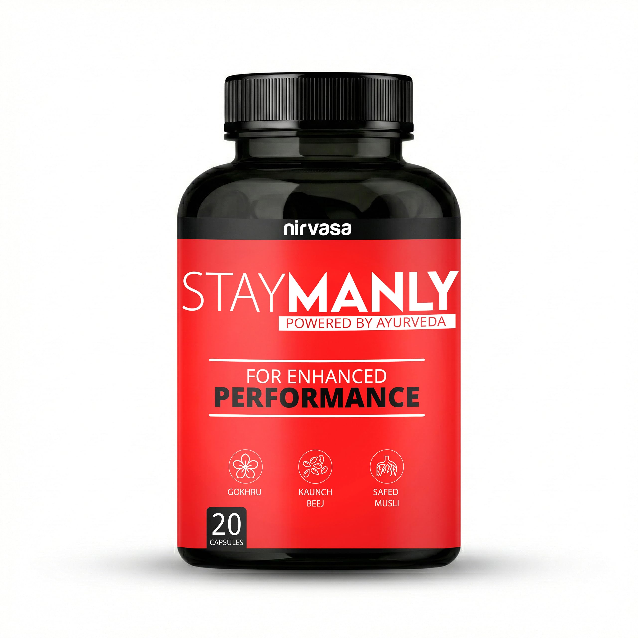 Nirvasa StayManly Capsules (20 Capsules) | Ayurvedic Strength, Stamina & Performance Booster | Boosts Energy, Endurance & Vitality | Gokhru, Kaunch Beej, Ashwagandha, Safed Musli, Shilajit, and Brahmi | Pack of 1-picture-30