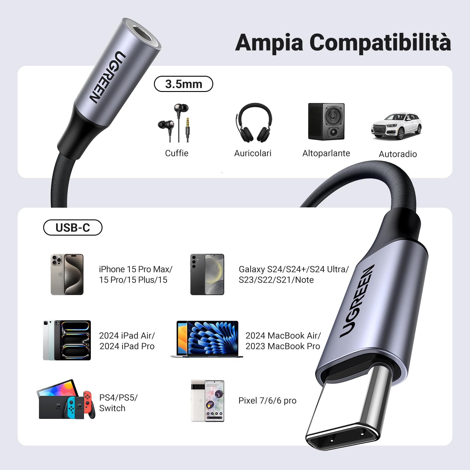 UGREEN Adattatore USB C a Jack 3.5mm Chip DAC per Cuffie Tipo C Compatibile con iPhone 17 Pro Max Air Galaxy S25 Ultra MacBook Pro 2024 iPad Pixel 9 XL (Gray)