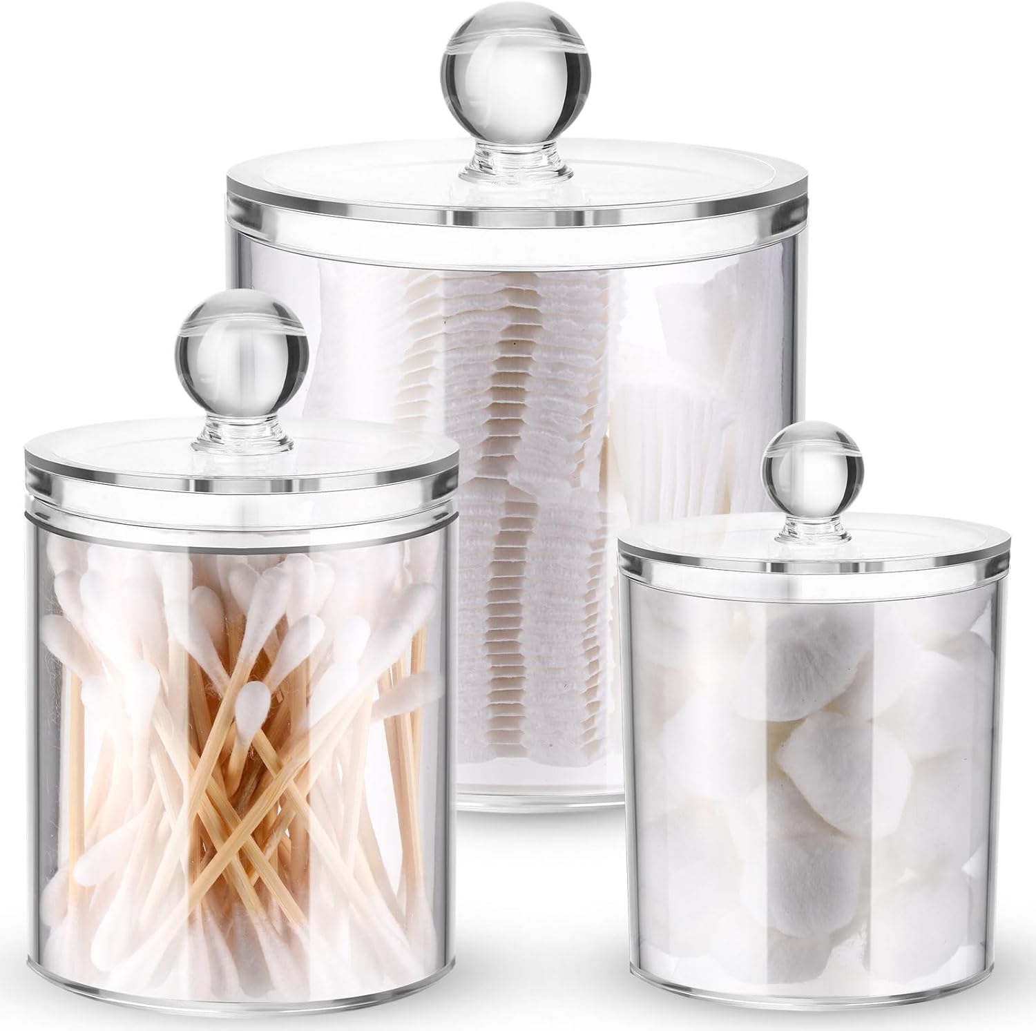 Meanplan Plastic Apothecary Jars with Lids Acrylic Holder Dispenser for Bathroom, 10/22/39 oz Clear Plastic Storage Jars Floss Container for Swab Cotton Ball, 3 Sizes(12 Pack,Acrylic Lid)