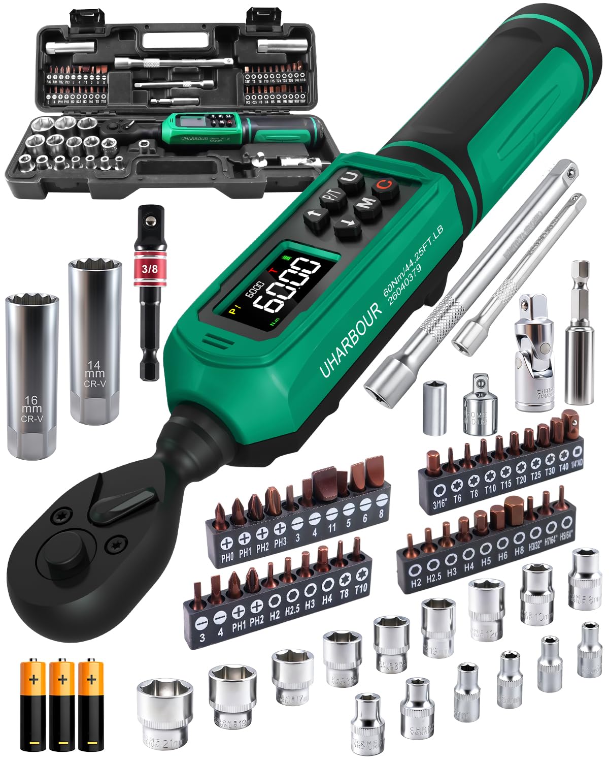 Uharbour Digital Torque Wrench 3/8" Drive, 0.66-44.29Ft.lbs/0.9-60Nm Range, Electric Torque Wrench with Dual Direction Ratchet, ±1% Accuracy with Vibration, Buzzer and LED Alert