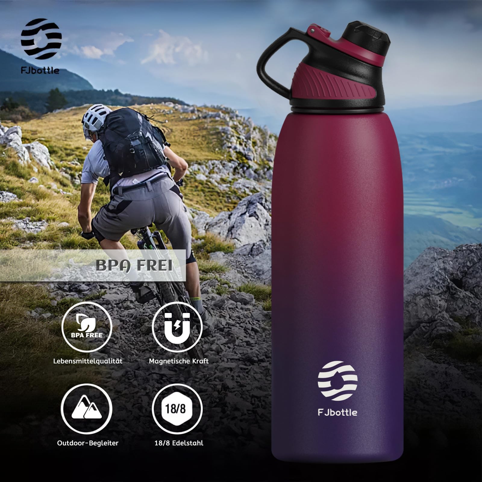 Fjbottle Borraccia Termica con Tappo magnetico 1500ML, Bottiglia Termica per Bambini - Senza BPA/Senza Perdite Borracce acciaio inox per Scuola, Sport, Palestra, Ciclismo