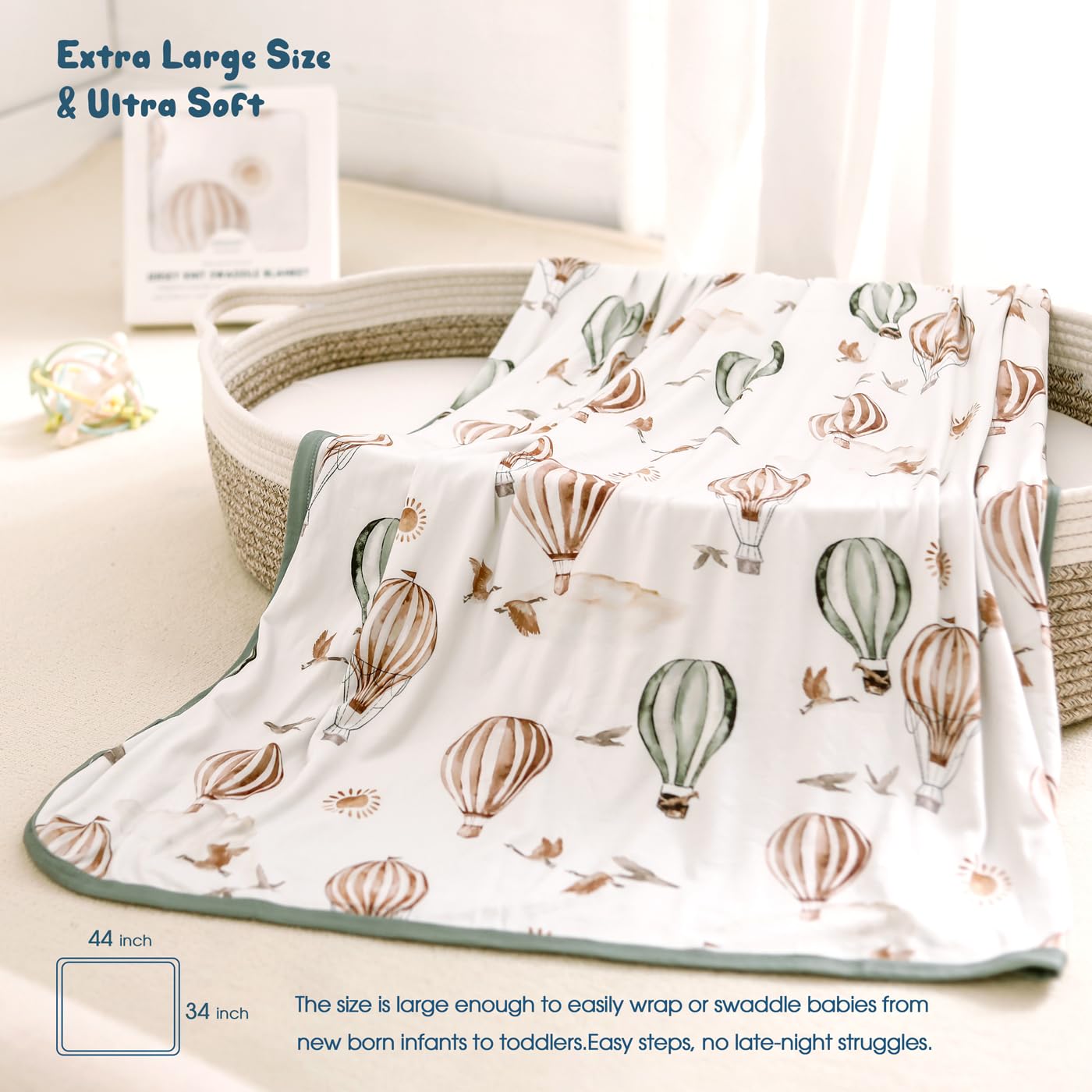 GRSSDER Baby Blankets Super Soft Jersey Knit Swaddle Blanket for Baby Girls and Boys, Double Layer Receiving Blankets 34 x 44 Inches, Extra Large for Baby Swaddling, Balloon Print - Image 2