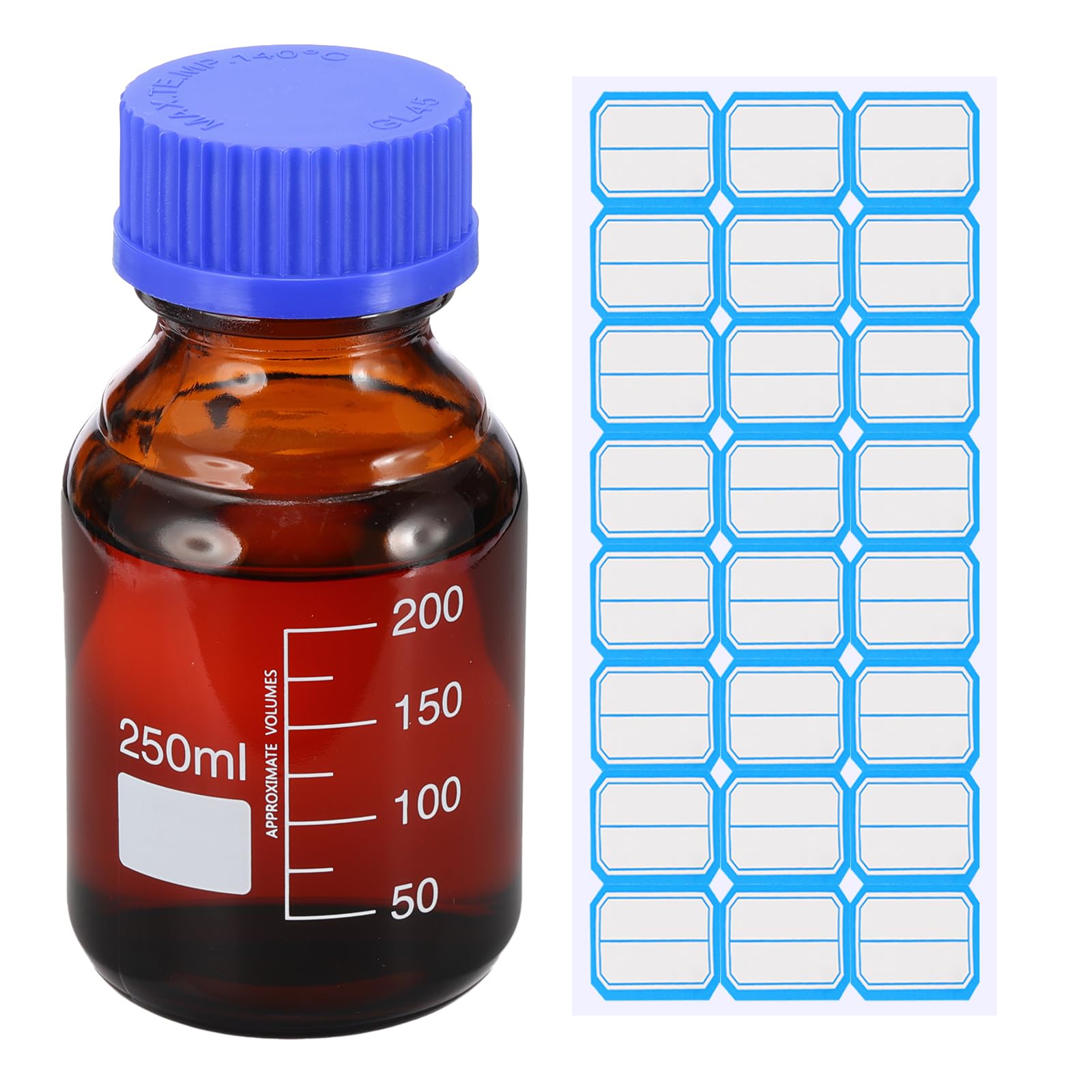 PATIKIL Bottiglie di Conservazione Media rotondo, 250ml Bottiglie rotondo in Vetro Spesso Graduato con Tappo a Vite Blu GL45 per Liquidi di Reagenti d'Acqua da Laboratorio, Marrone