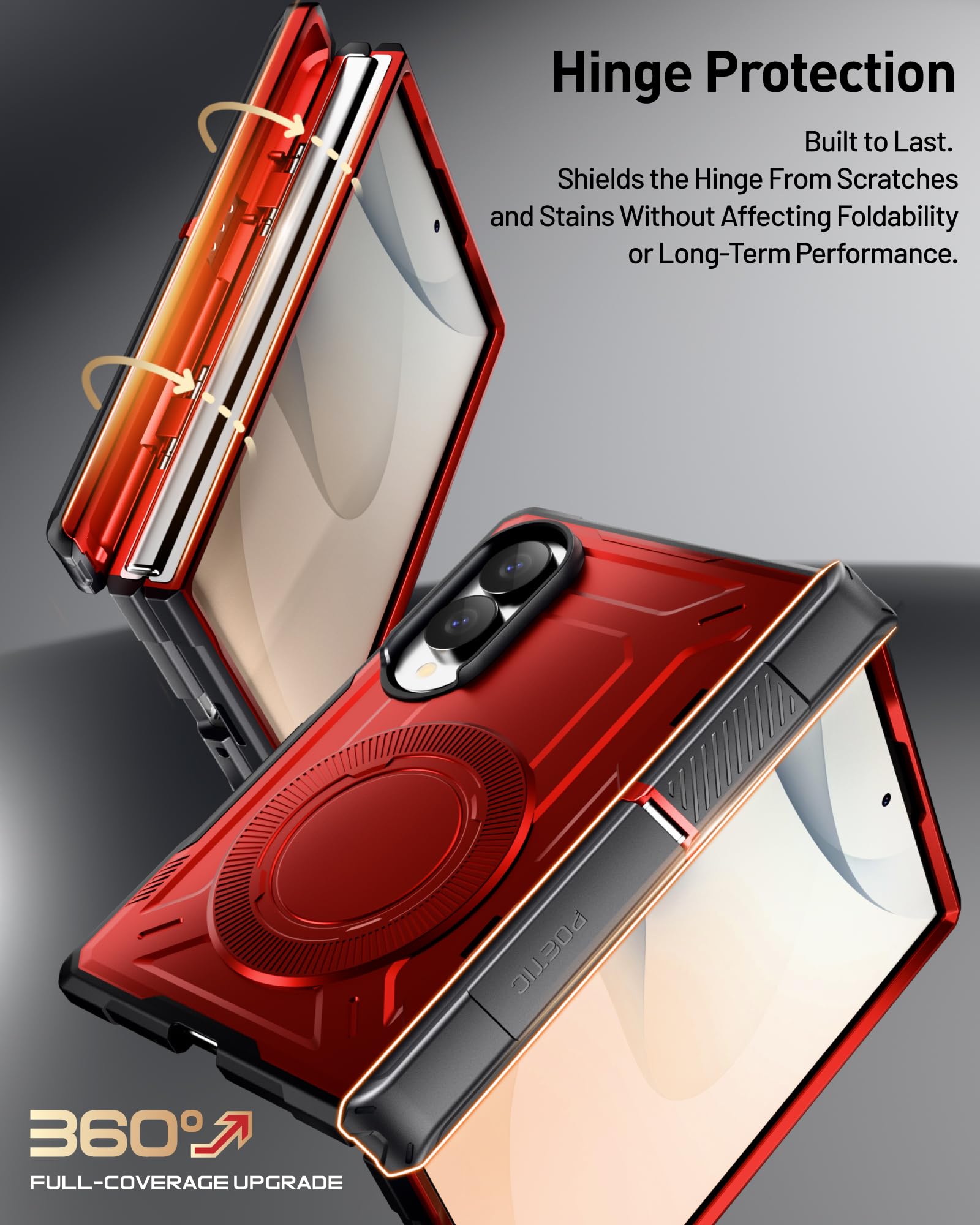 Poetic Custodia protettiva per Samsung Galaxy Z Fold 8, con cerniera, compatibile con MagSafe, pellicola protettiva in vetro temperato, robusta, antiurto, con cavalletto, colore: rosso metallizzato