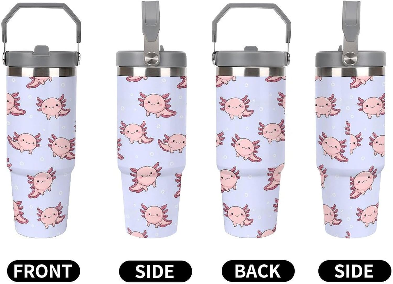 Stainless Steel Tumbler with Lid And Straw 30 Oz Top Handle Cute Axolotl Print Leakproof Vacuum Insulated Water Bottle for Car Travel
