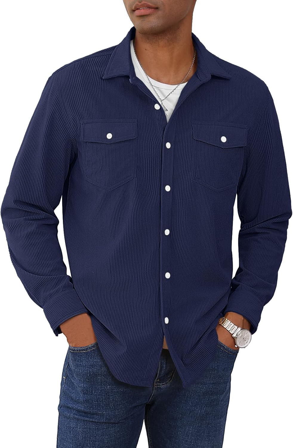 MAGNIVIT Men's Long Sleeve Lightweight Corduroy Work Shacket Shirt Jacket Casual Button-Up Overshirt with Pockets - Image 3