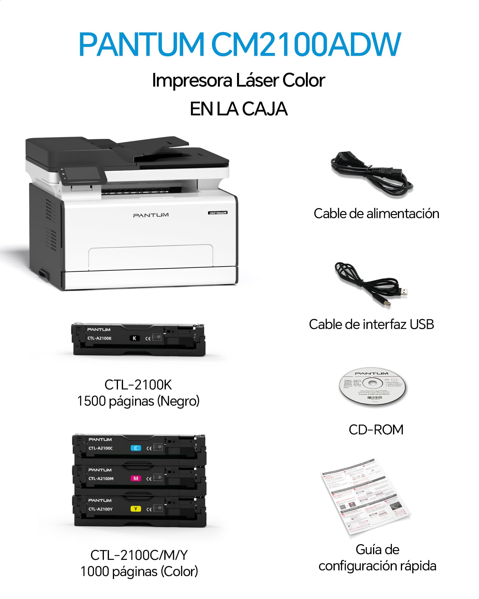 PANTUM CM2100ADW Impresora Laser Color Multifunción con WiFi, Impresión Automática a Doble Cara(20ppm, ADF, Wi-Fi Direct, Ethernet, USB), Tóner Original Incluido