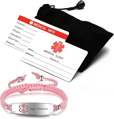 Miniatura 7 de JF.JEWELRY Pulseras de identificación de alerta médica para diabetes tipo 1 pregrabadas para hombres y mujeres, cuerda de nailon trenzada