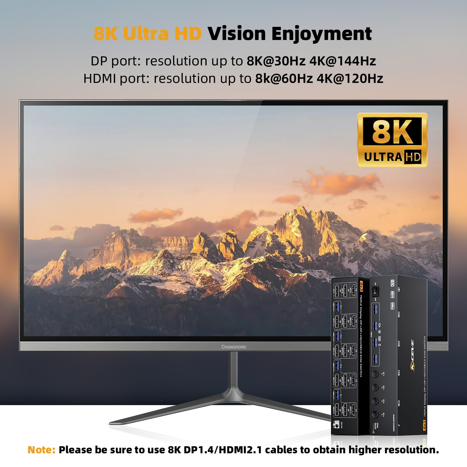 Conmutador KVM 8K@60Hz 4 PC 3 Monitores, HDMI + 2Displayport Conmutadores KVM Triple Monitores para 4 PC que comparten 3 monitores y 4 puertos USB 3.0 fuente