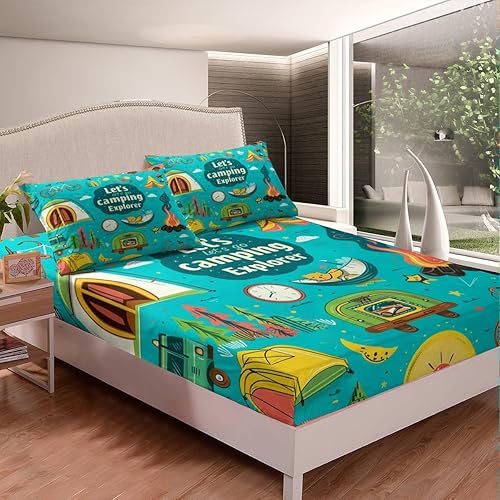 Miniatura 8 de Erosebridal Happy Camping - Juego de sábanas bajeras para niños, adolescentes y adultos, decoración de dormitorio de dibujos animados, sábanas de