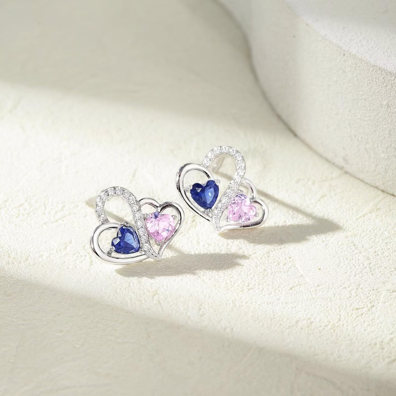 Iefil Earrings for women - Birthstone Earring for Women, 925 Sterling Silver Double Heart Birthstone Earrings | Anniversary Birthday Gifts for Women, Personalized Jewelry for Wife Mom - Image 6